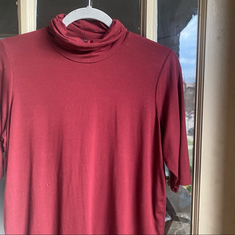 Eileen Fisher Knit 3/4 Sleeve Terra Cotta/ Burgundy Mock Neck Stretch Jersey Top
